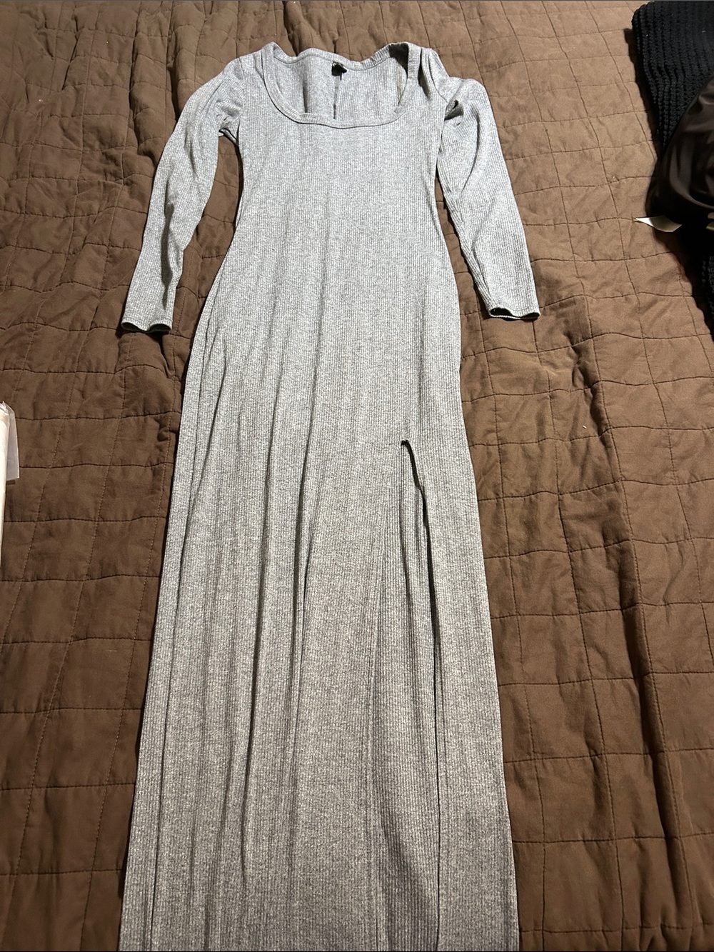 Windsor Silver Ribbed Long-Sleeve Maxi Dress with Side Slit